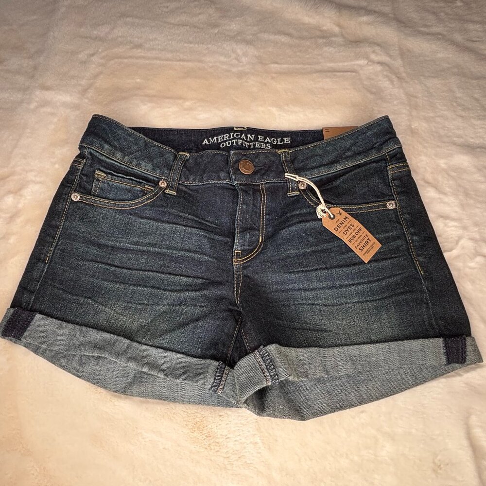 American Eagle Outfitters Women's NWT Midi Stretch Dark Wash Denim Shorts - Picture 3 of 16
